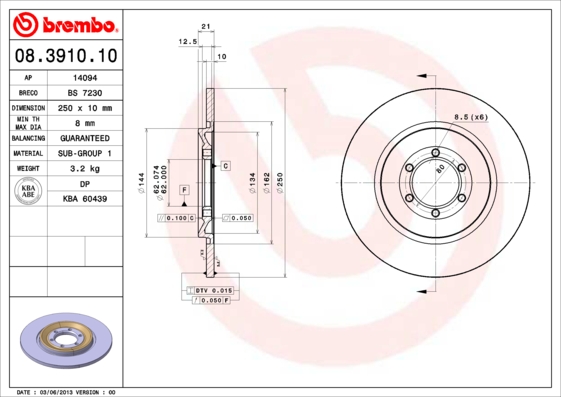 BREMBO Hátsó féktárcsa 08.3910.10_BREMBO