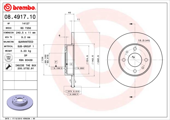 BREMBO Hátsó féktárcsa 08.4917.10_BREMBO