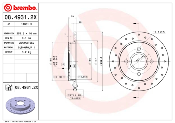 BREMBO Hátsó féktárcsa 08.4931.2X_BREMBO