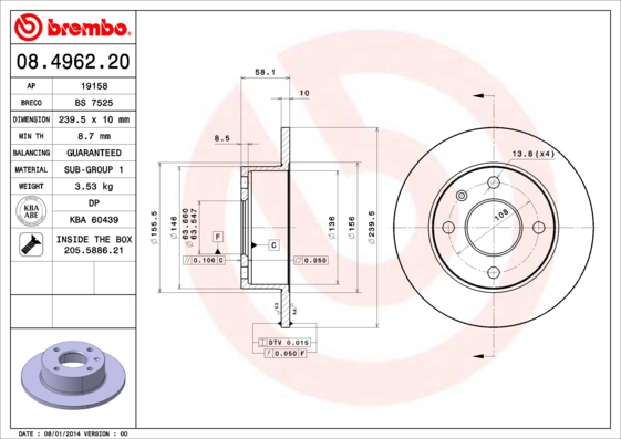 BREMBO Első féktárcsa 08.4962.20_BREMBO