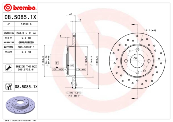 BREMBO Hátsó féktárcsa 08.5085.1X_BREMBO