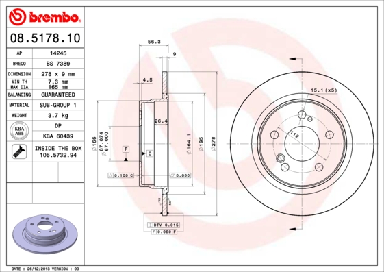 BREMBO Hátsó féktárcsa 08.5178.10_BREMBO