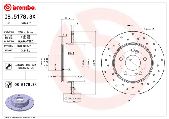 BREMBO Hátsó féktárcsa 08.5178.3X_BREMBO