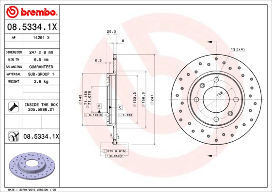 BREMBO Hátsó féktárcsa 08.5334.1X_BREMBO