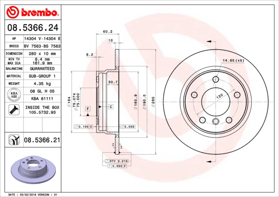 BREMBO Hátsó féktárcsa 08.5366.21_BREMBO