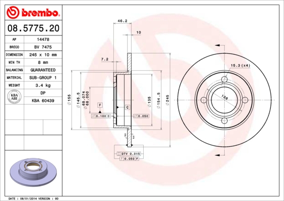 BREMBO Hátsó féktárcsa 08.5775.20_BREMBO