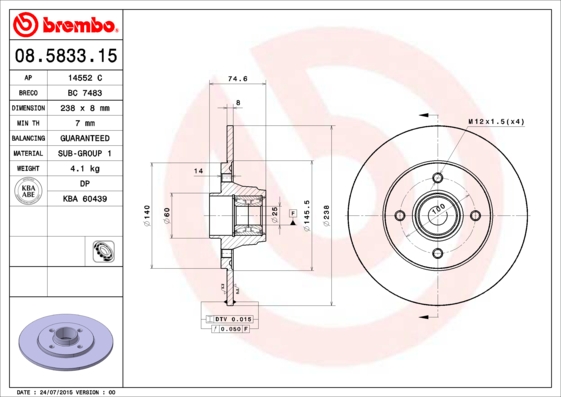 BREMBO Féktárcsa+kerékagycsapágy 08.5833.15_BREMBO