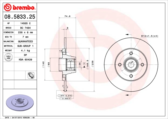 BREMBO Hátsó féktárcsa 08.5833.25_BREMBO