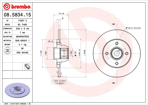 BREMBO 08.5834.15_BREMBO Féktárcsa+kerékagycsapágy