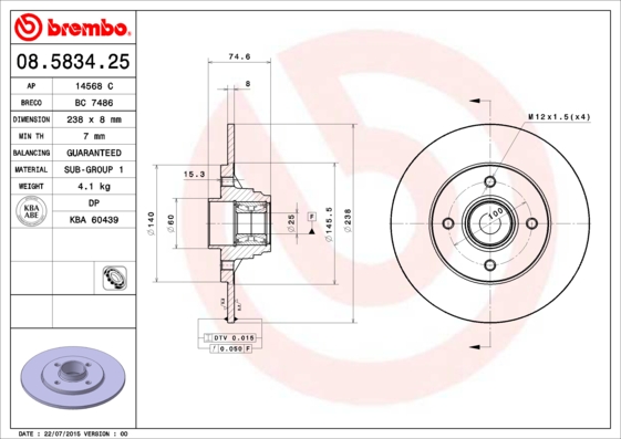 BREMBO 08.5834.25_BREMBO Féktárcsa+kerékagycsapágy