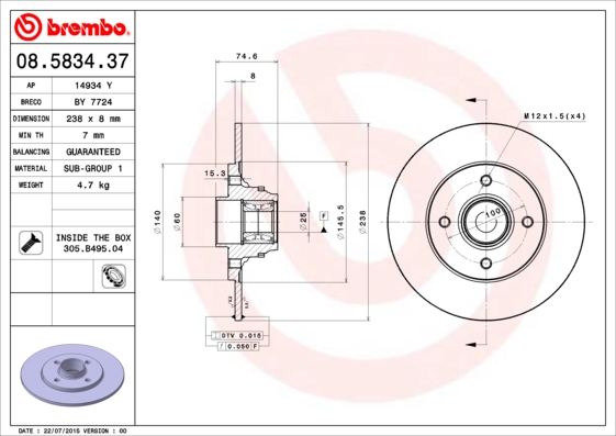 BREMBO Féktárcsa+kerékagycsapágy 08.5834.37_BREMBO