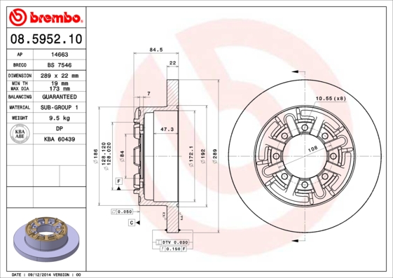 BREMBO Hátsó féktárcsa 08.5952.10_BREMBO