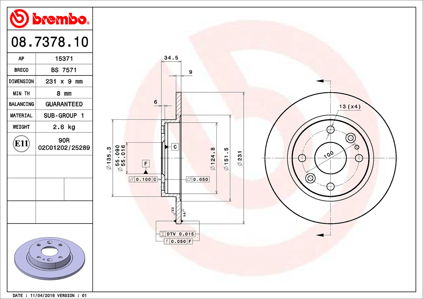 BREMBO Hátsó féktárcsa 08.7378.10_BREMBO