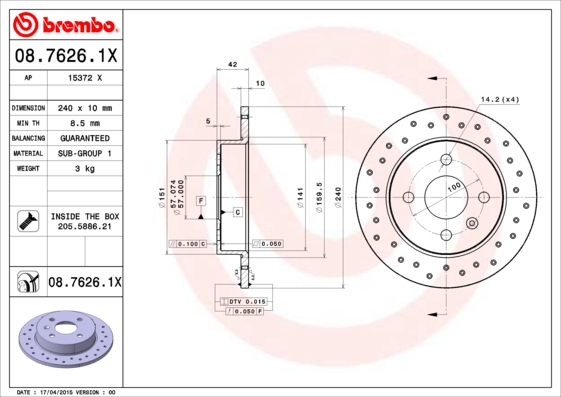 BREMBO Hátsó féktárcsa 08.7626.1X_BREMBO