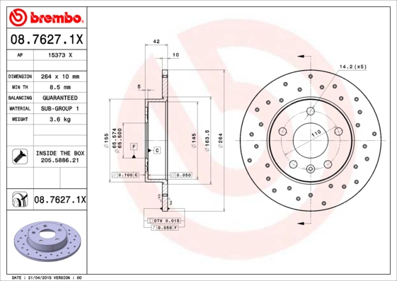 BREMBO Hátsó féktárcsa 08.7627.1X_BREMBO