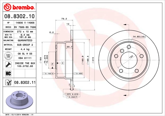 BREMBO Hátsó féktárcsa 08.8302.11_BREMBO