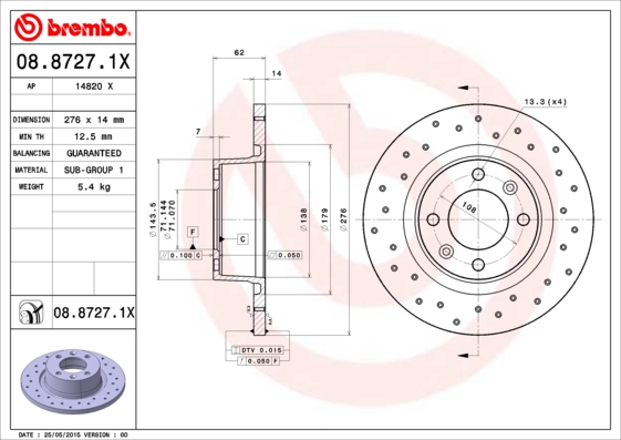 BREMBO Hátsó féktárcsa 08.8727.1X_BREMBO