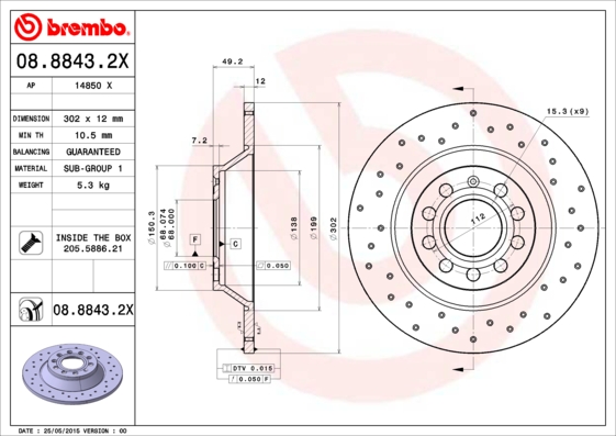 BREMBO Hátsó féktárcsa 08.8843.2X_BREMBO