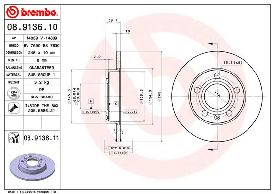 BREMBO Hátsó féktárcsa 08.9136.10_BREMBO