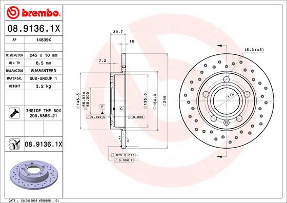 BREMBO Hátsó féktárcsa 08.9136.1X_BREMBO