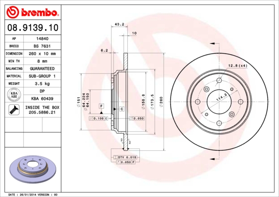 BREMBO Hátsó féktárcsa 08.9139.10_BREMBO