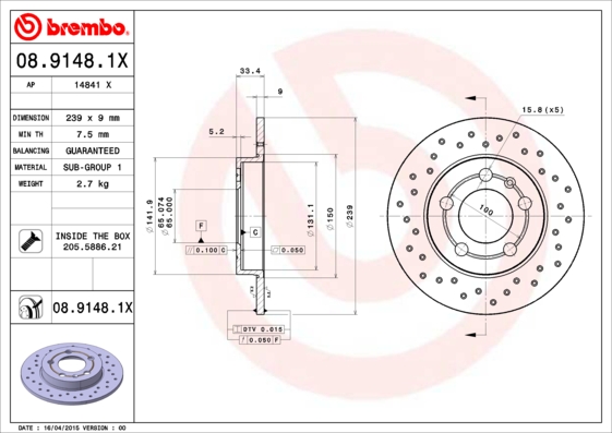 BREMBO Hátsó féktárcsa 08.9148.1X_BREMBO