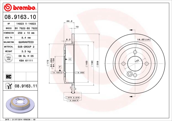 BREMBO Hátsó féktárcsa 08.9163.11_BREMBO