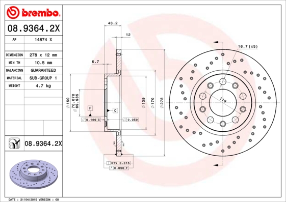 BREMBO Hátsó féktárcsa 08.9364.2X_BREMBO