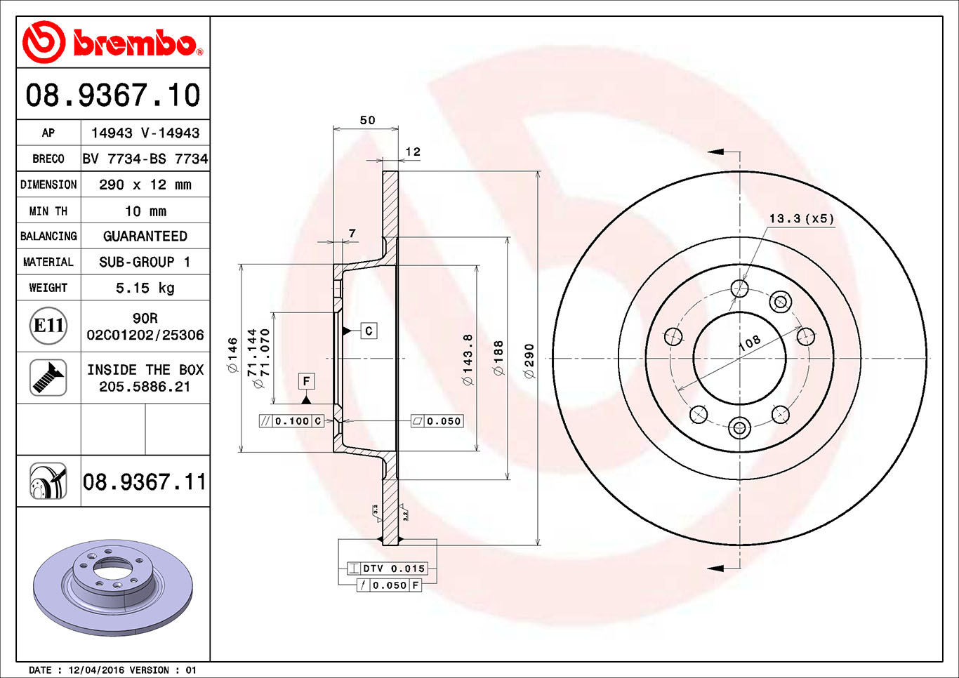 BREMBO Hátsó féktárcsa 08.9367.10_BREMBO