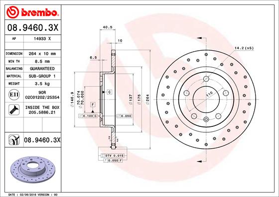 BREMBO Hátsó féktárcsa 08.9460.3X_BREMBO