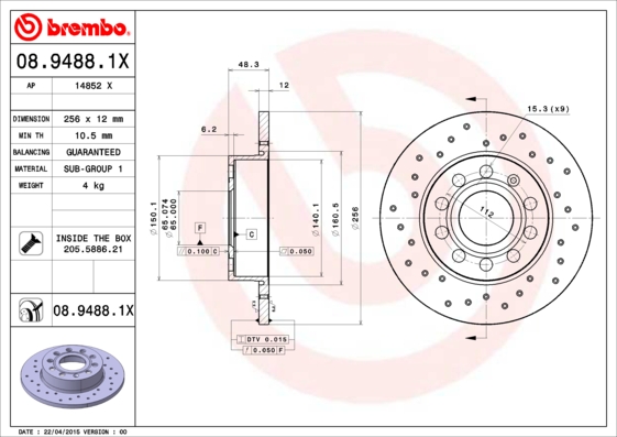 BREMBO Hátsó féktárcsa 08.9488.1X_BREMBO