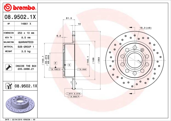 BREMBO Hátsó féktárcsa 08.9502.1X_BREMBO