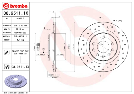 BREMBO Hátsó féktárcsa 08.9511.1X_BREMBO