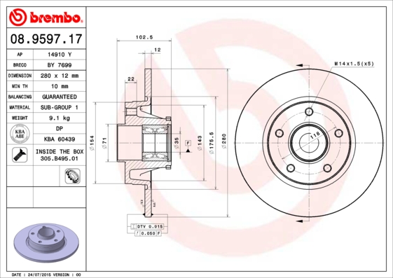 BREMBO Féktárcsa+kerékagycsapágy 08.9597.17_BREMBO