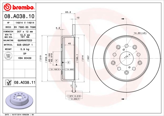 BREMBO Hátsó féktárcsa 08.A038.11_BREMBO