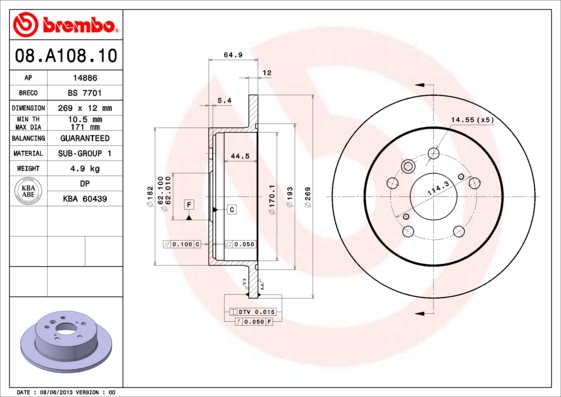 BREMBO Hátsó féktárcsa 08.A108.10_BREMBO