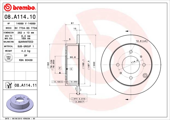 BREMBO Hátsó féktárcsa 08.A114.11_BREMBO