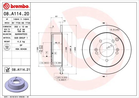 BREMBO Hátsó féktárcsa 08.A114.21_BREMBO