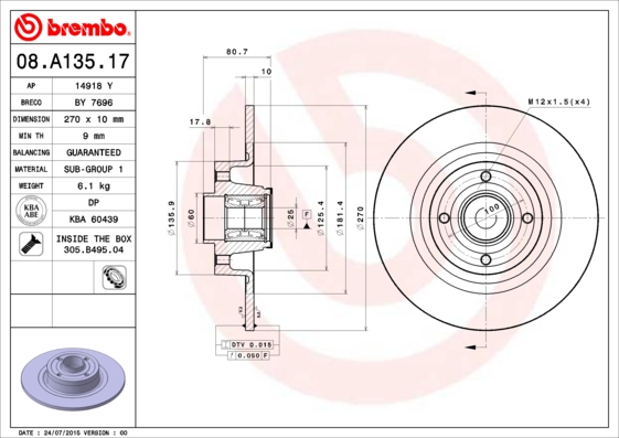 BREMBO Féktárcsa+kerékagycsapágy 08.A135.17_BREMBO