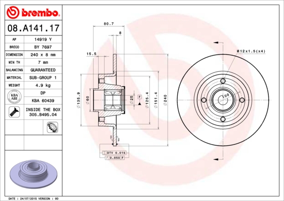 BREMBO Féktárcsa+kerékagycsapágy 08.A141.17_BREMBO