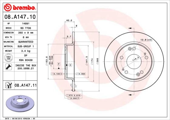 BREMBO Hátsó féktárcsa 08.A147.11_BREMBO