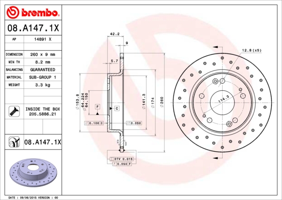 BREMBO Hátsó féktárcsa 08.A147.1X_BREMBO