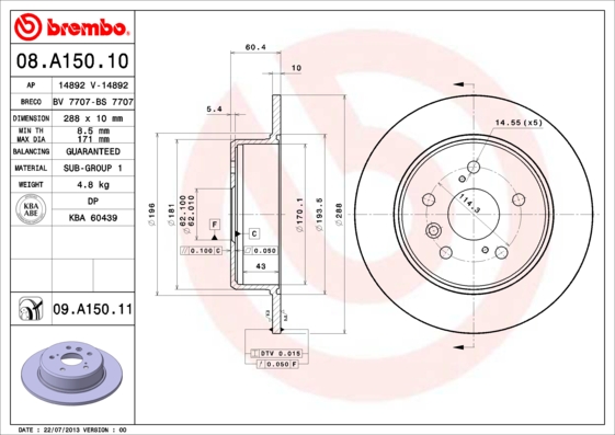 BREMBO Hátsó féktárcsa 08.A150.11_BREMBO