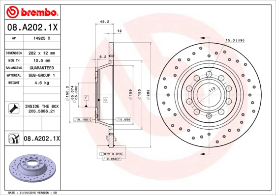 BREMBO Hátsó féktárcsa 08.A202.1X_BREMBO