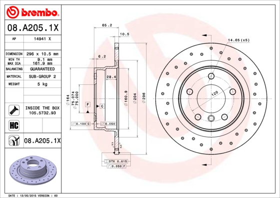 BREMBO Hátsó féktárcsa 08.A205.1X_BREMBO