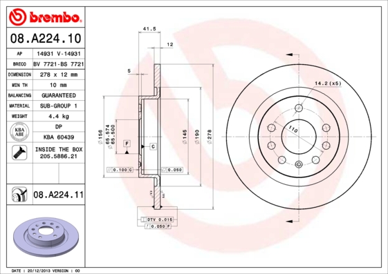 BREMBO Hátsó féktárcsa 08.A224.10_BREMBO