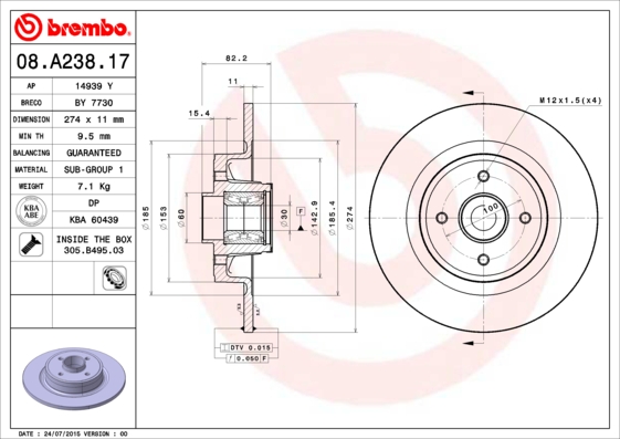 BREMBO Hátsó féktárcsa 08.A238.17_BREMBO