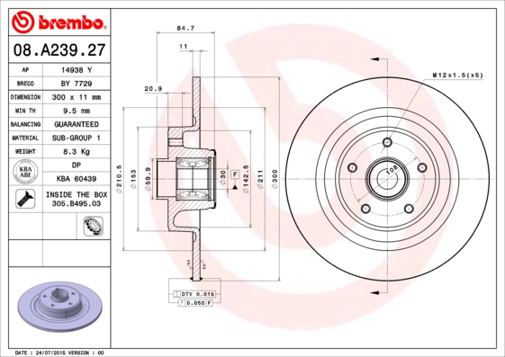 BREMBO Hátsó féktárcsa 08.A239.27_BREMBO