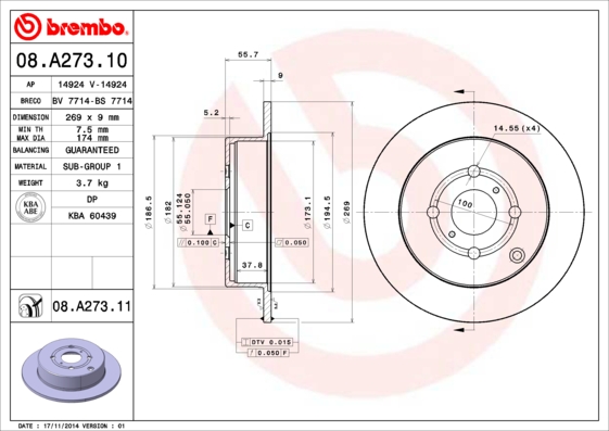 BREMBO Hátsó féktárcsa 08.A273.11_BREMBO