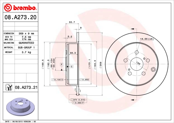 BREMBO Hátsó féktárcsa 08.A273.21_BREMBO